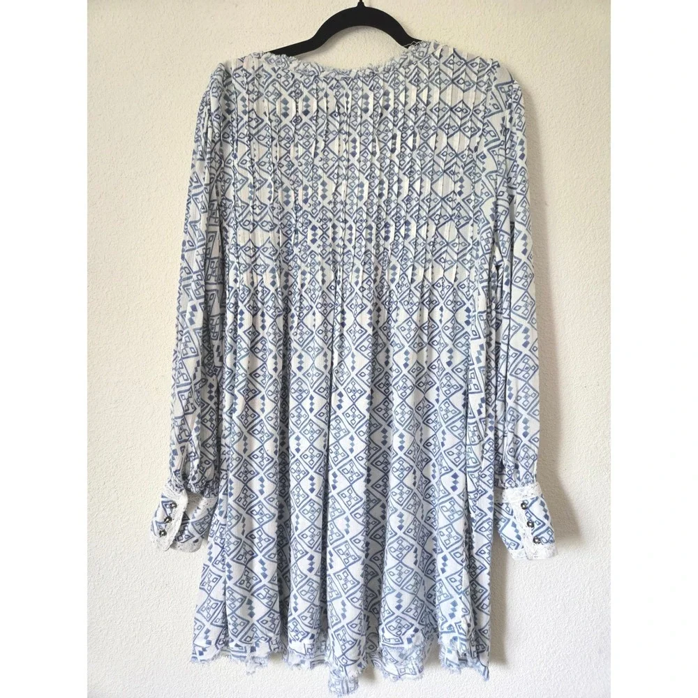 Free People Blue White Pintuck Tassels Boho Mini Dress Large Oversized Lace Cuff